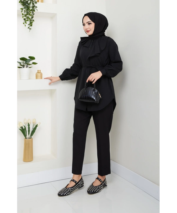 Tasarım Detay Bağlamalı Gömlek - Siyah / Ü102