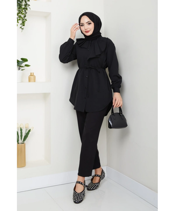 Tasarım Detay Bağlamalı Gömlek - Siyah / Ü102