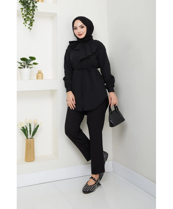 Tasarım Detay Bağlamalı Gömlek - Siyah / Ü102