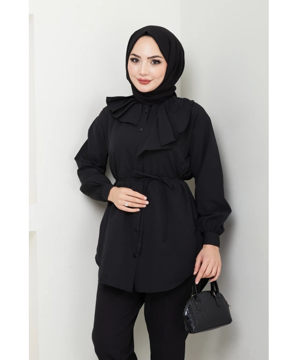 Tasarım Detay Bağlamalı Gömlek - Siyah / Ü102