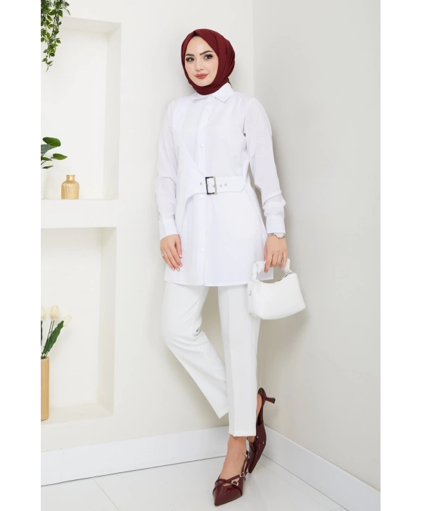 Tokalı Tasarım Gömlek - Beyaz / Ü0101