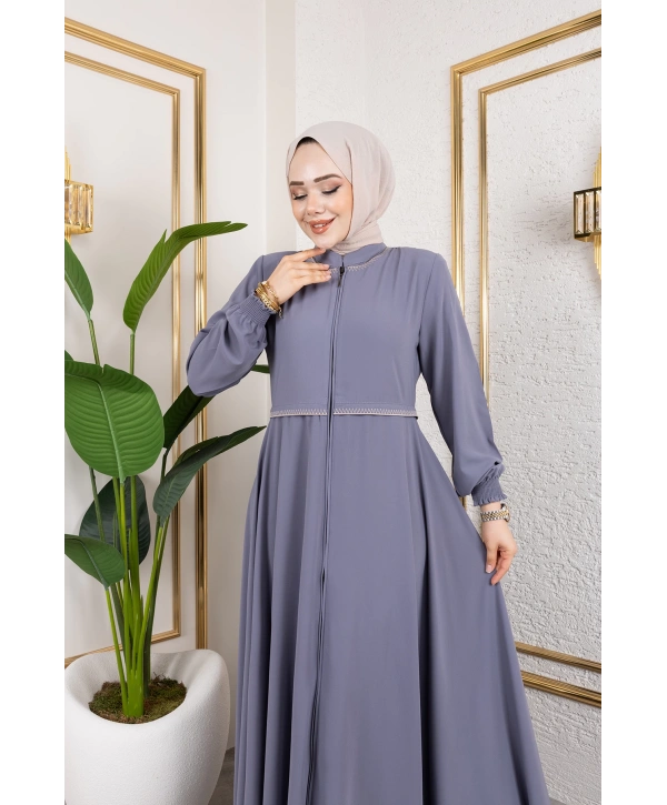 Yaka Ve Bel Nakış Detaylı Ferace - Gri / F0143