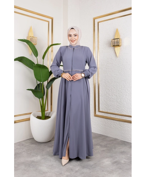 Yaka Ve Bel Nakış Detaylı Ferace - Gri / F0143