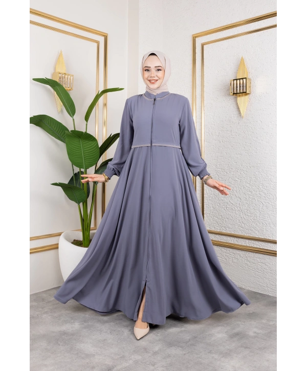 Yaka Ve Bel Nakış Detaylı Ferace - Gri / F0143