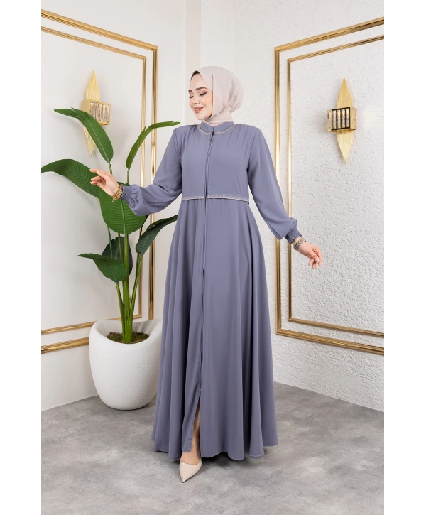 Yaka Ve Bel Nakış Detaylı Ferace - Gri / F0143