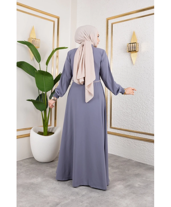 Yaka Ve Bel Nakış Detaylı Ferace - Gri / F0143