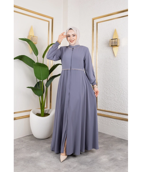 Yaka Ve Bel Nakış Detaylı Ferace - Gri / F0143