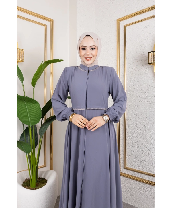 Yaka Ve Bel Nakış Detaylı Ferace - Gri / F0143