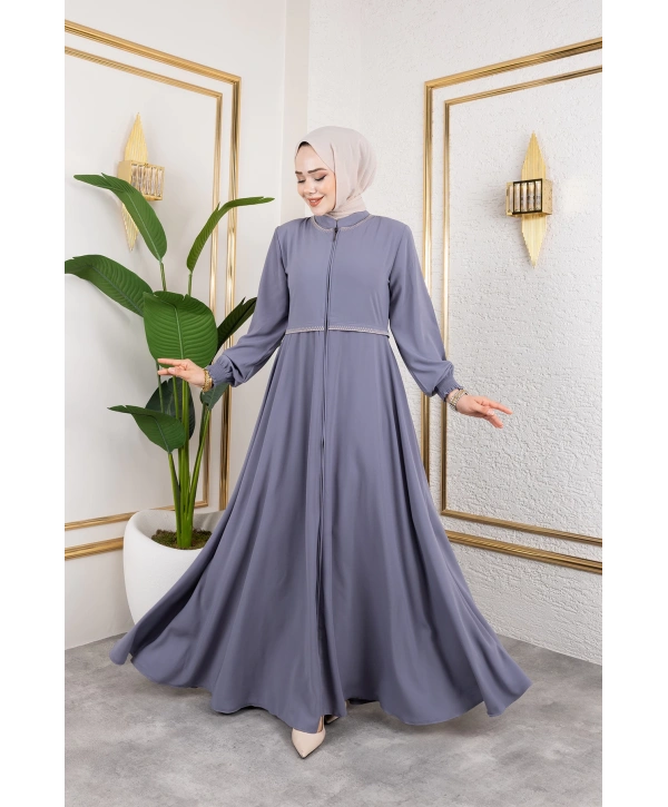 Yaka Ve Bel Nakış Detaylı Ferace - Gri / F0143