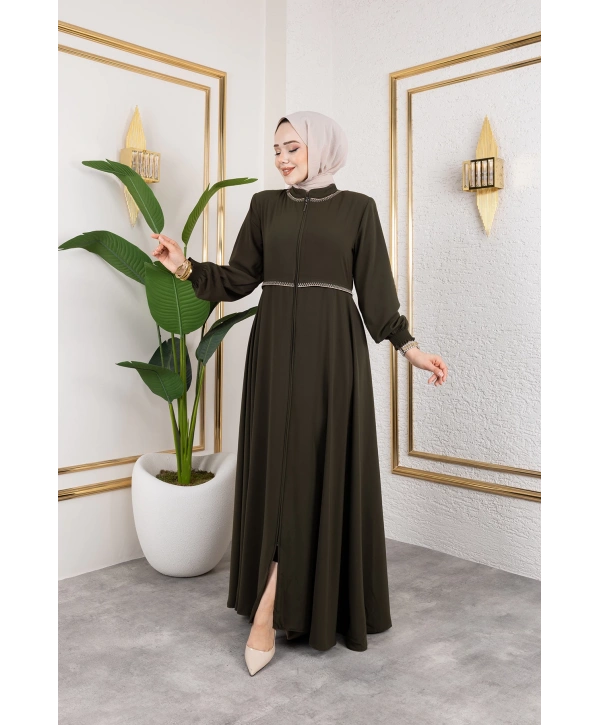 Yaka Ve Bel Nakış Detaylı Ferace - Haki / F0143