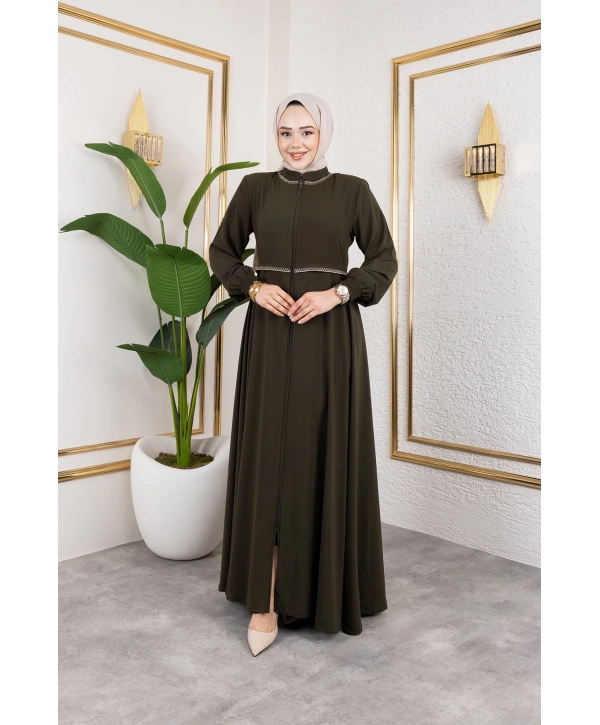 Yaka Ve Bel Nakış Detaylı Ferace - Haki / F0143