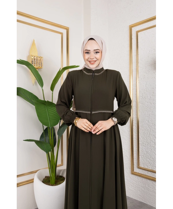 Yaka Ve Bel Nakış Detaylı Ferace - Haki / F0143