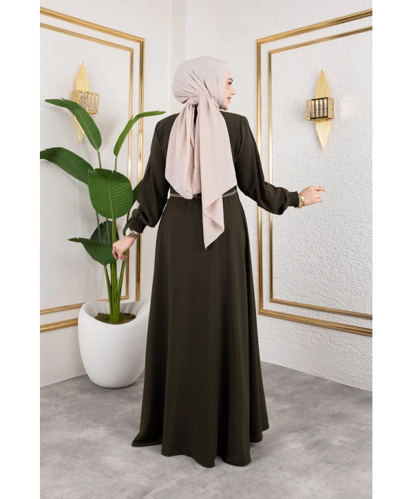 Yaka Ve Bel Nakış Detaylı Ferace - Haki / F0143