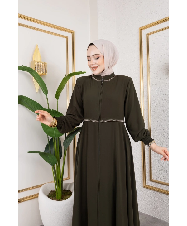 Yaka Ve Bel Nakış Detaylı Ferace - Haki / F0143