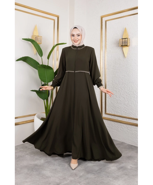 Yaka Ve Bel Nakış Detaylı Ferace - Haki / F0143