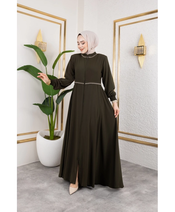 Yaka Ve Bel Nakış Detaylı Ferace - Haki / F0143