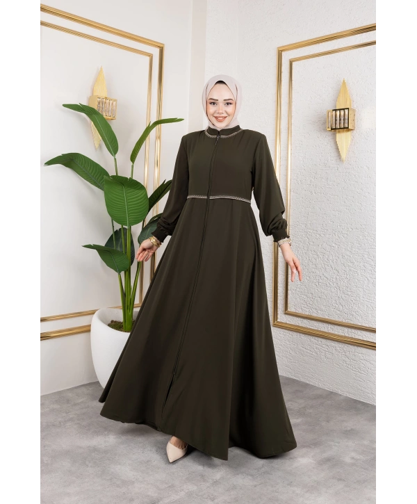 Yaka Ve Bel Nakış Detaylı Ferace - Haki / F0143