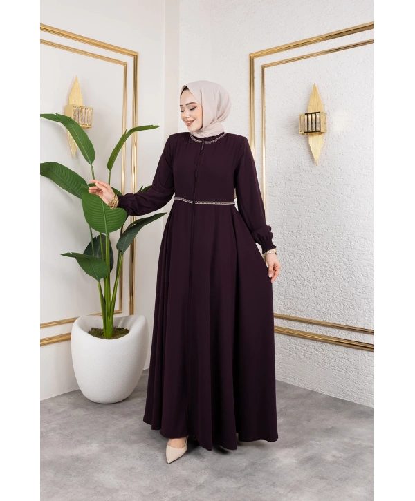 Yaka Ve Bel Nakış Detaylı Ferace - Mürdüm / F0143