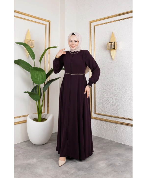 Yaka Ve Bel Nakış Detaylı Ferace - Mürdüm / F0143