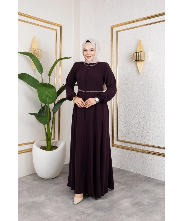 Yaka Ve Bel Nakış Detaylı Ferace - Mürdüm / F0143