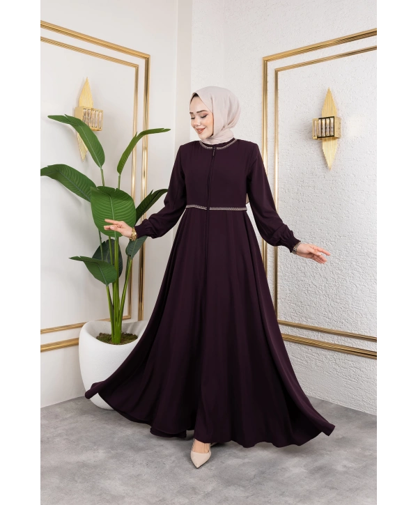 Yaka Ve Bel Nakış Detaylı Ferace - Mürdüm / F0143