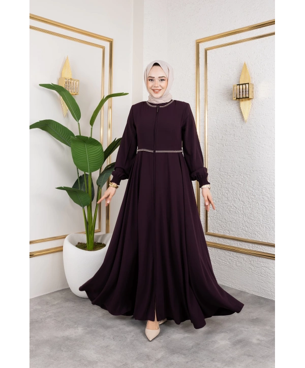 Yaka Ve Bel Nakış Detaylı Ferace - Mürdüm / F0143