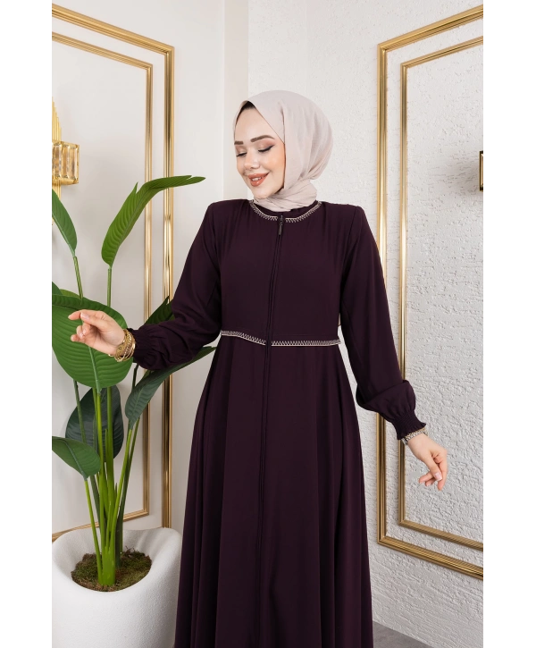 Yaka Ve Bel Nakış Detaylı Ferace - Mürdüm / F0143