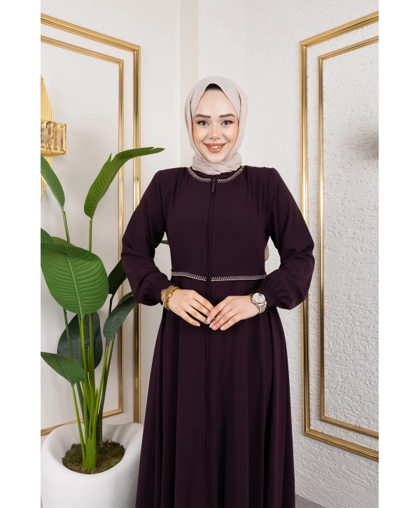 Yaka Ve Bel Nakış Detaylı Ferace - Mürdüm / F0143