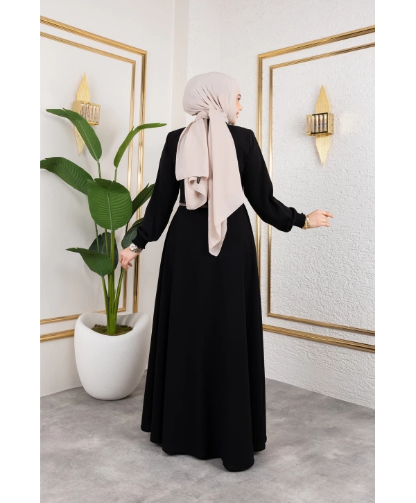 Yaka Ve Bel Nakış Detaylı Ferace - Siyah / F0143