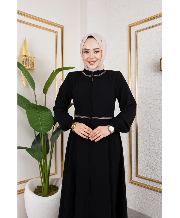 Yaka Ve Bel Nakış Detaylı Ferace - Siyah / F0143