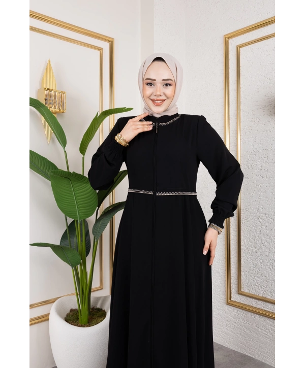 Yaka Ve Bel Nakış Detaylı Ferace - Siyah / F0143