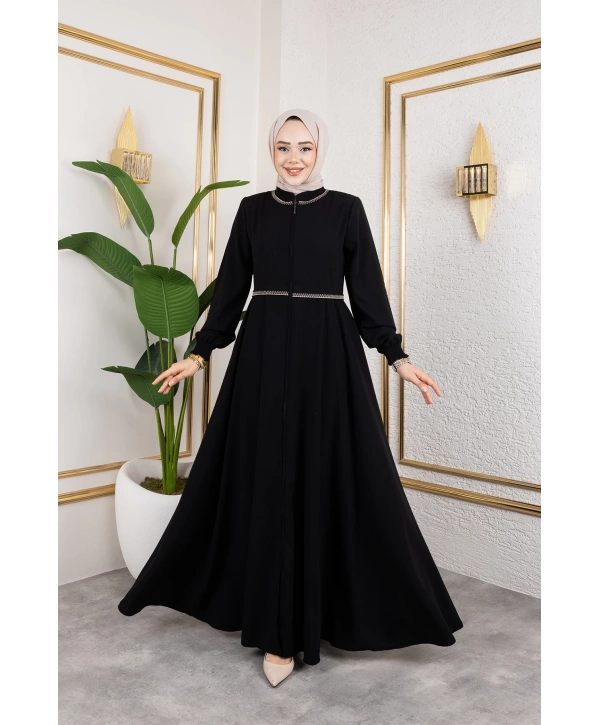 Yaka Ve Bel Nakış Detaylı Ferace - Siyah / F0143