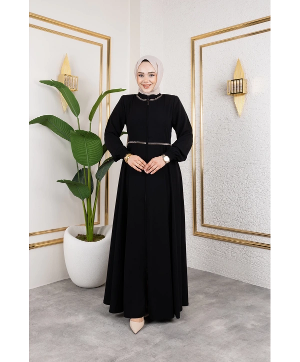 Yaka Ve Bel Nakış Detaylı Ferace - Siyah / F0143