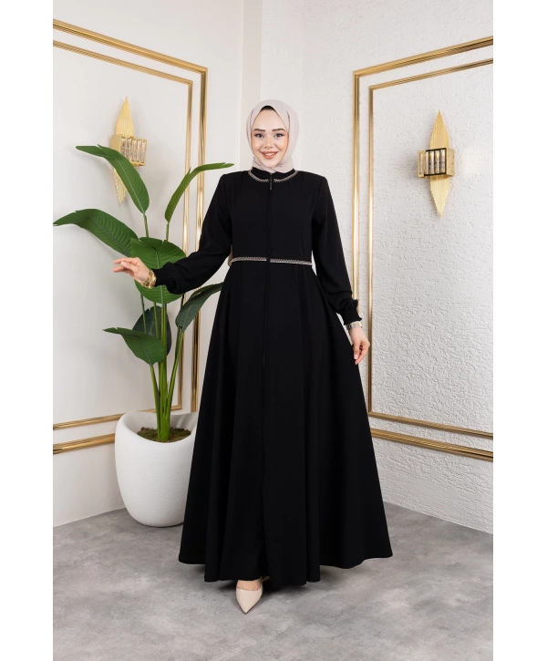 Yaka Ve Bel Nakış Detaylı Ferace - Siyah / F0143