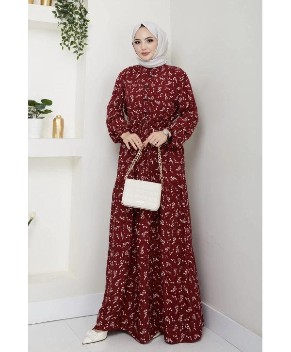 Yaprak Desenli Bağlamalı Viskon Elbise - Bordo / E0125