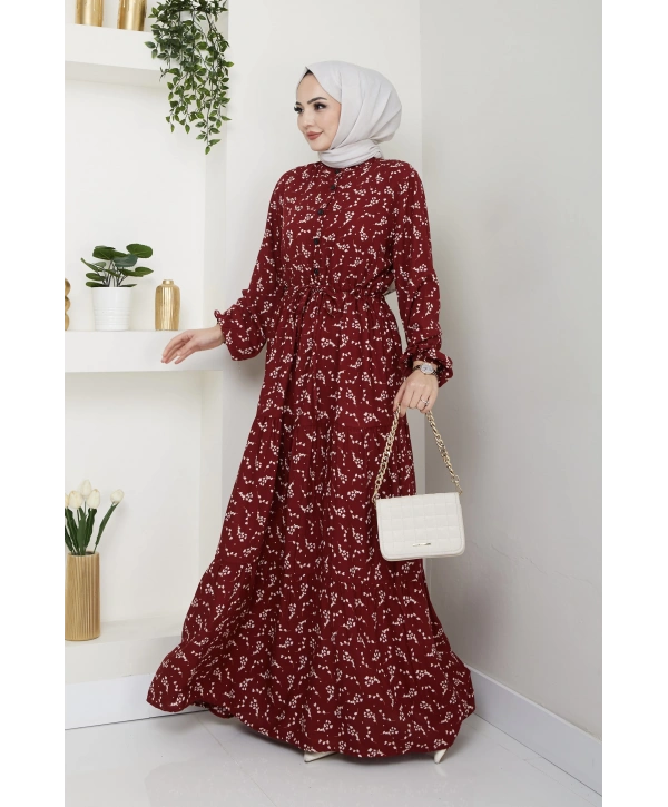 Yaprak Desenli Bağlamalı Viskon Elbise - Bordo / E0125