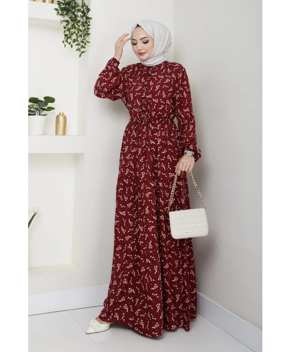 Yaprak Desenli Bağlamalı Viskon Elbise - Bordo / E0125