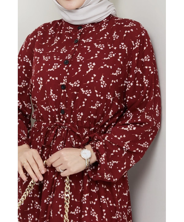 Yaprak Desenli Bağlamalı Viskon Elbise - Bordo / E0125