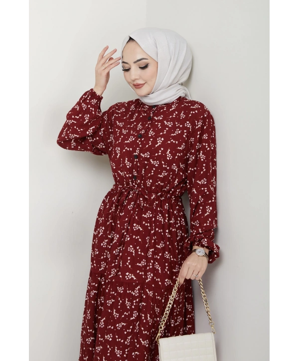 Yaprak Desenli Bağlamalı Viskon Elbise - Bordo / E0125