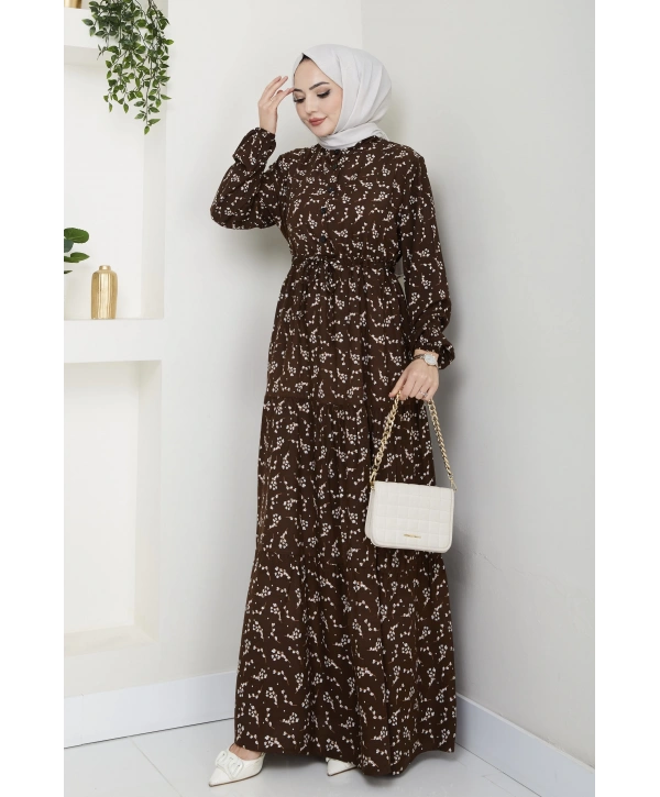 Yaprak Desenli Bağlamalı Viskon Elbise - Kahverengi / E0125