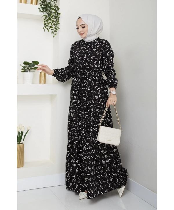 Yaprak Desenli Bağlamalı Viskon Elbise - Siyah / E0125
