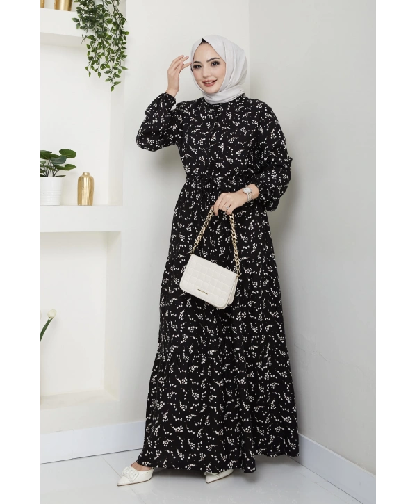 Yaprak Desenli Bağlamalı Viskon Elbise - Siyah / E0125