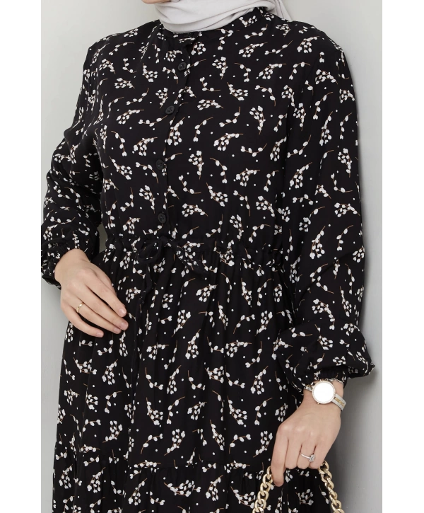 Yaprak Desenli Bağlamalı Viskon Elbise - Siyah / E0125