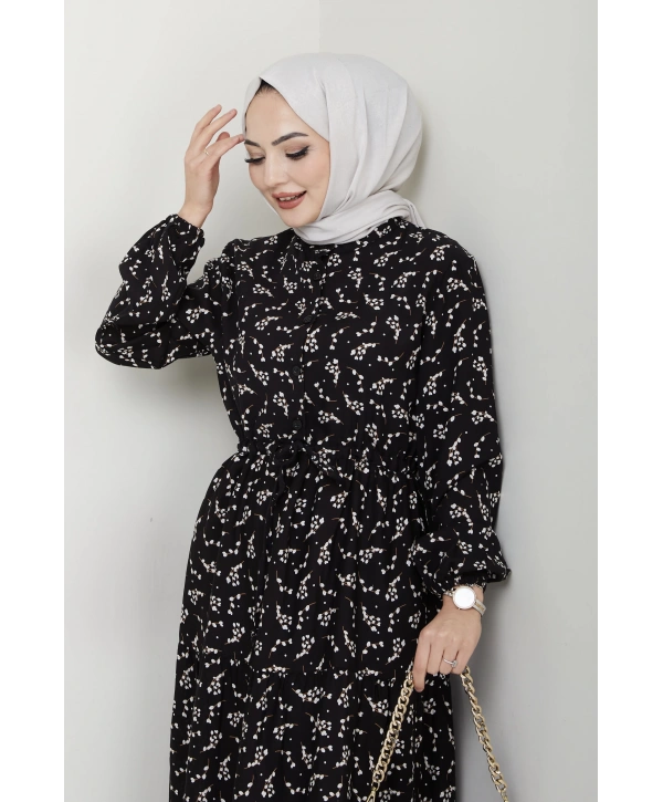 Yaprak Desenli Bağlamalı Viskon Elbise - Siyah / E0125