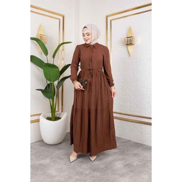 Lara Kumaş Yarım Düğmeli Kadın Elbise - Kahverengi / E0121