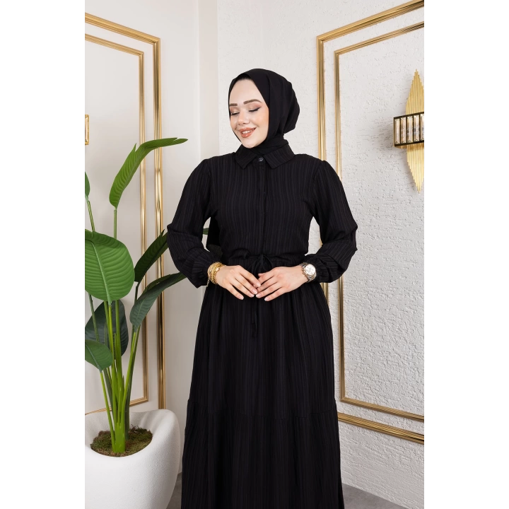 Lara Kumaş Yarım Düğmeli Kadın Elbise - Siyah / E0121
