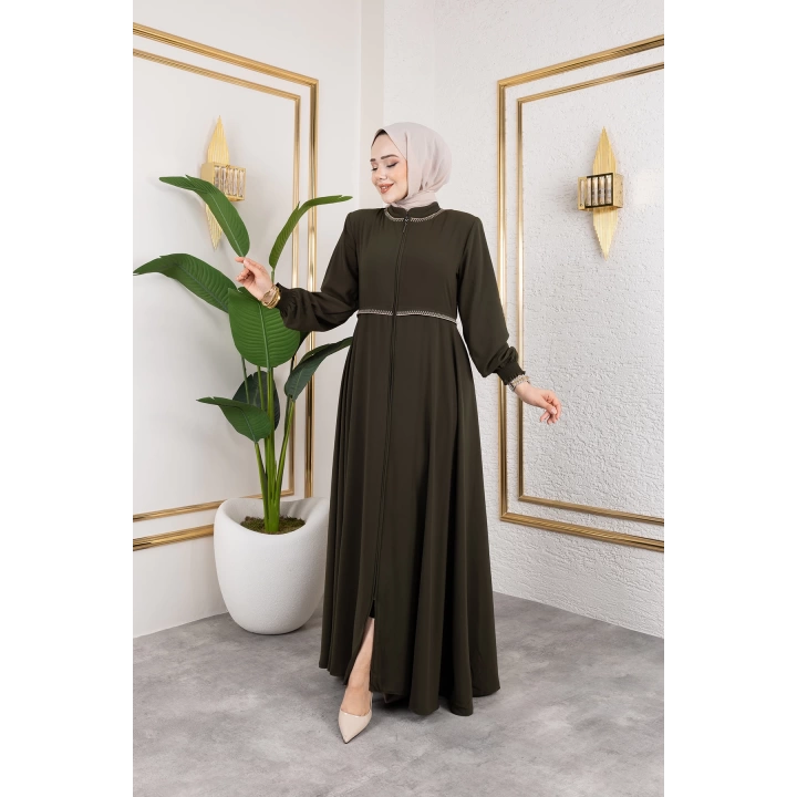 Yaka Ve Bel Nakış Detaylı Ferace - Haki / F0143