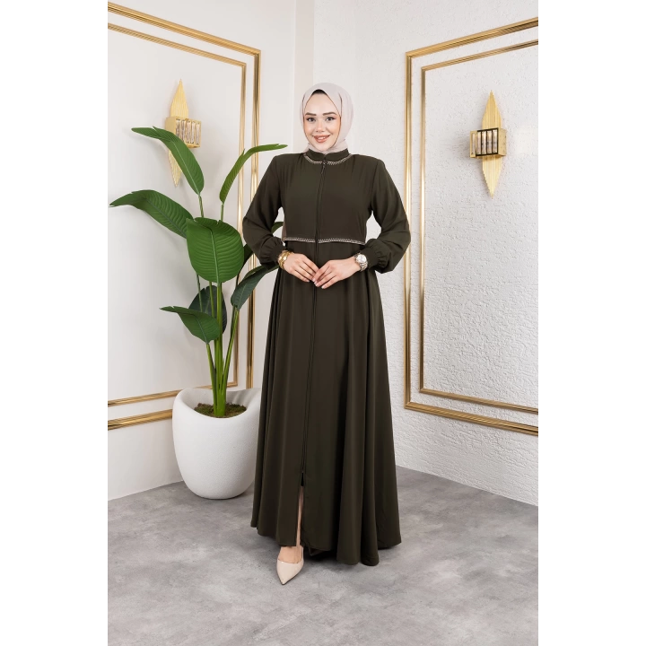 Yaka Ve Bel Nakış Detaylı Ferace - Haki / F0143