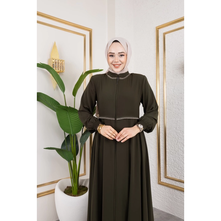 Yaka Ve Bel Nakış Detaylı Ferace - Haki / F0143