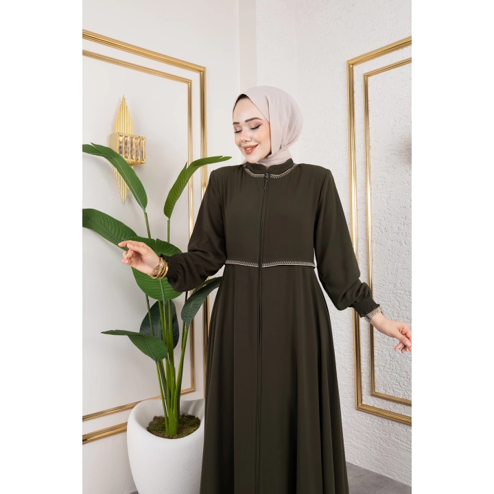 Yaka Ve Bel Nakış Detaylı Ferace - Haki / F0143